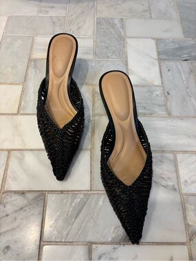 INC International Concepts Black Woven Pointed Mules with Tan Insole
